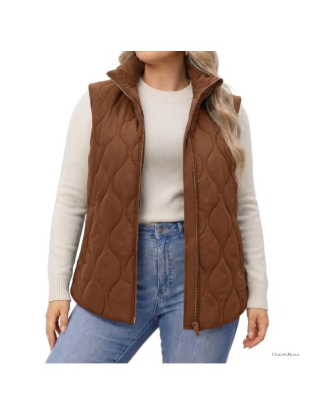Plus Size Quilted Puffer Vest Lightweight Zip Up Outerwear with Pockets